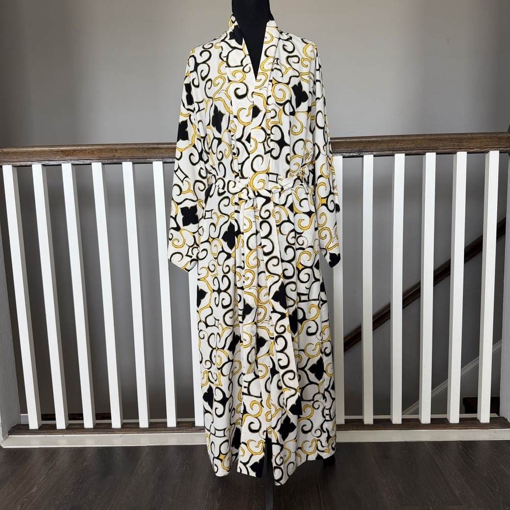 Natori Kimono Long Robe Black Gold Medallion Boho Luxury XS Resort Luxury